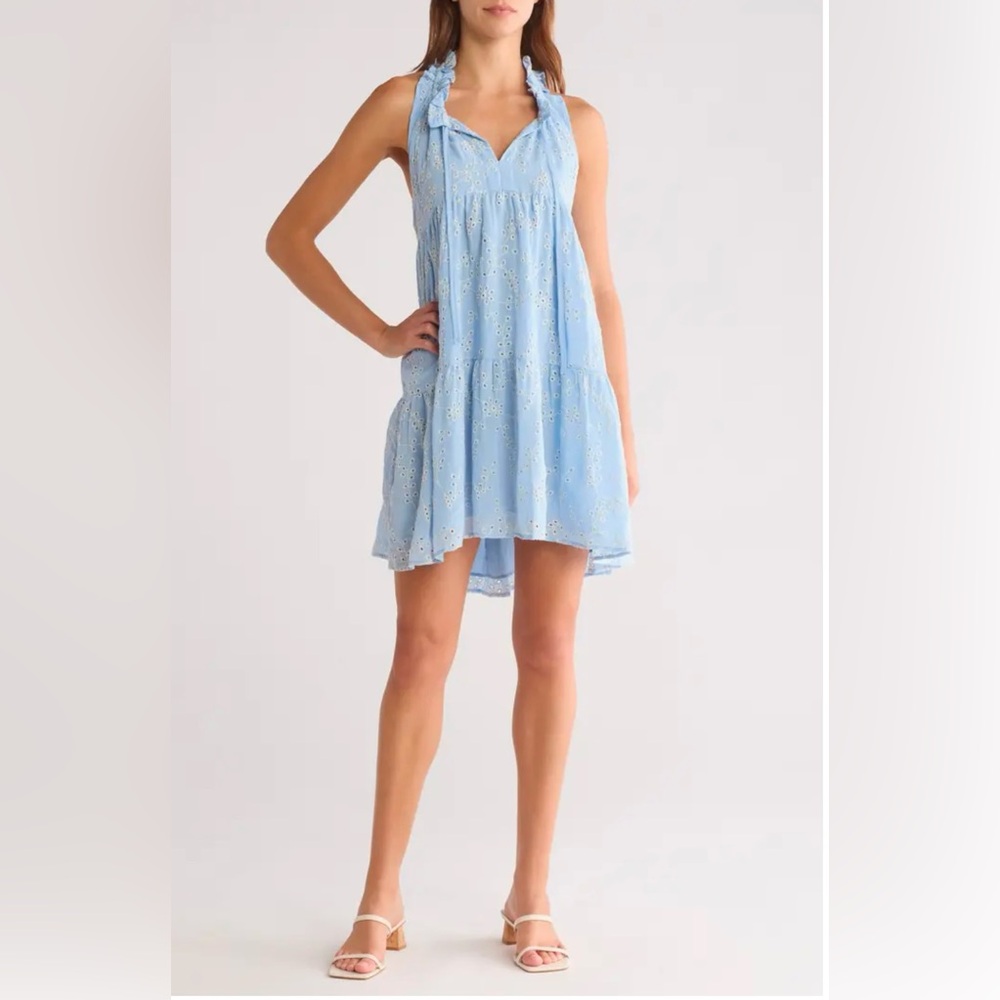 STITCHDROP The Cuddle Eyelet Sleeveless Dress Blue Floral Embroidery Size S NEW